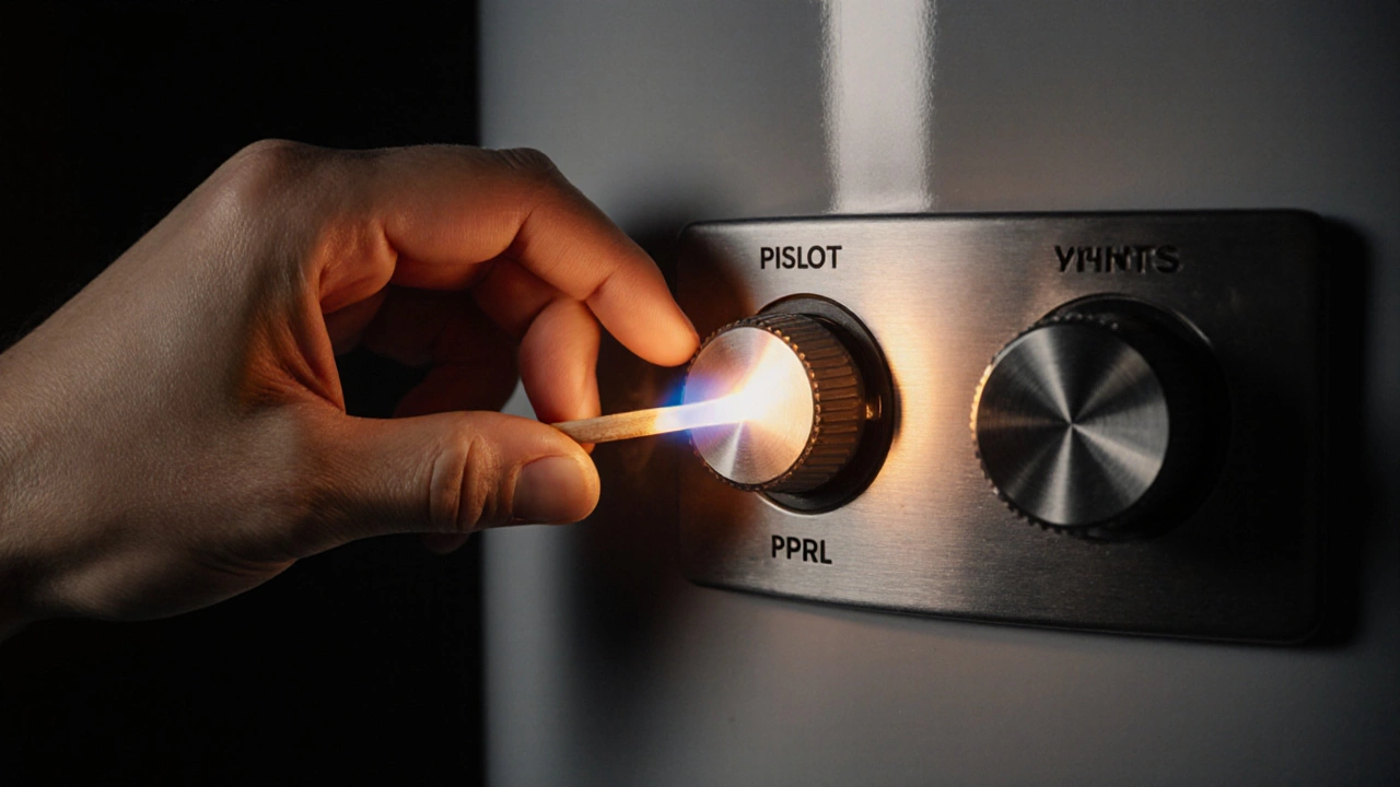 Close-up of hand turning gas knob and lighting pilot flame on water heater.