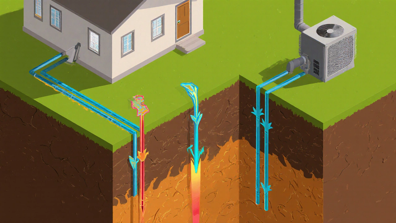 Cross‑section of a ground‑source system with underground loops heating a house.