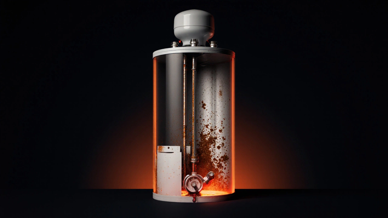 Cross-section of corroding water heater tank with dissolved anode rod and leaking valve.