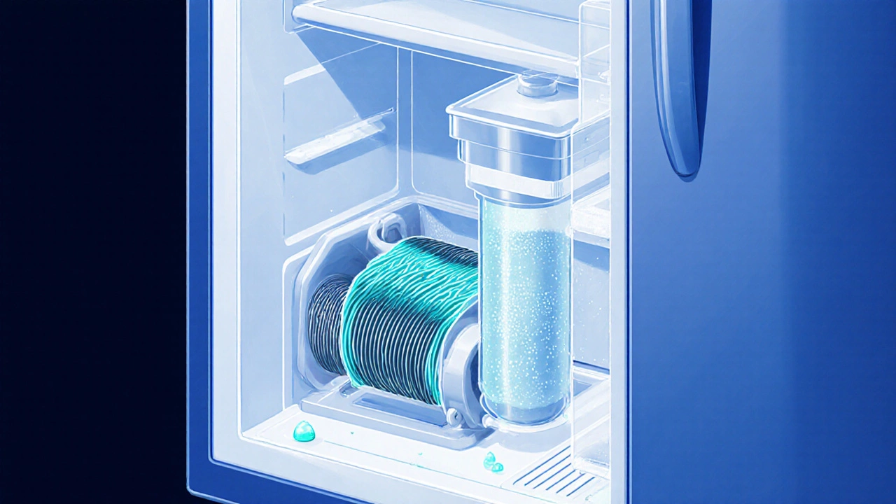 Cutaway illustration of a refrigerator showing coils, filter, and frost buildup.