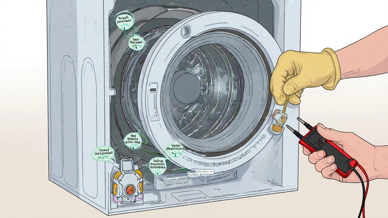 Cutaway illustration of a washing machine rear showing belt, pump, motor, and inlet valve with hands inspecting them.