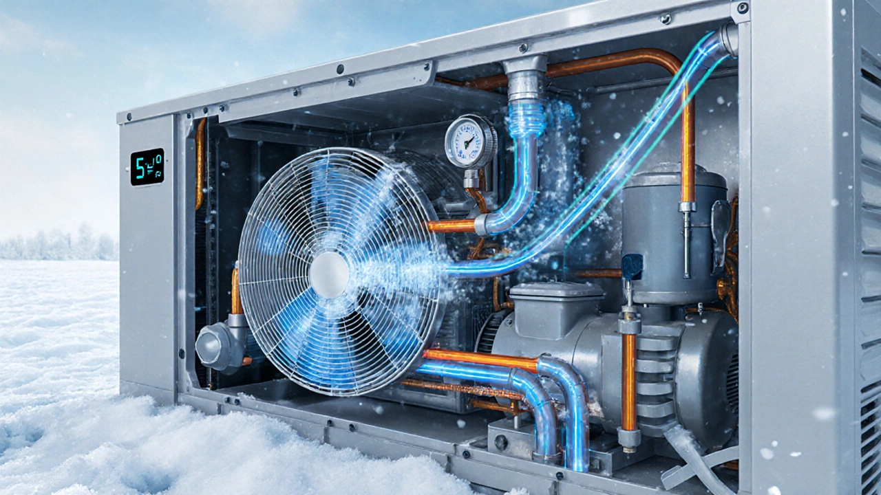 Cutaway view of a cold‑climate heat pump showing inverter compressor, variable‑speed fan, and defrost sensor.