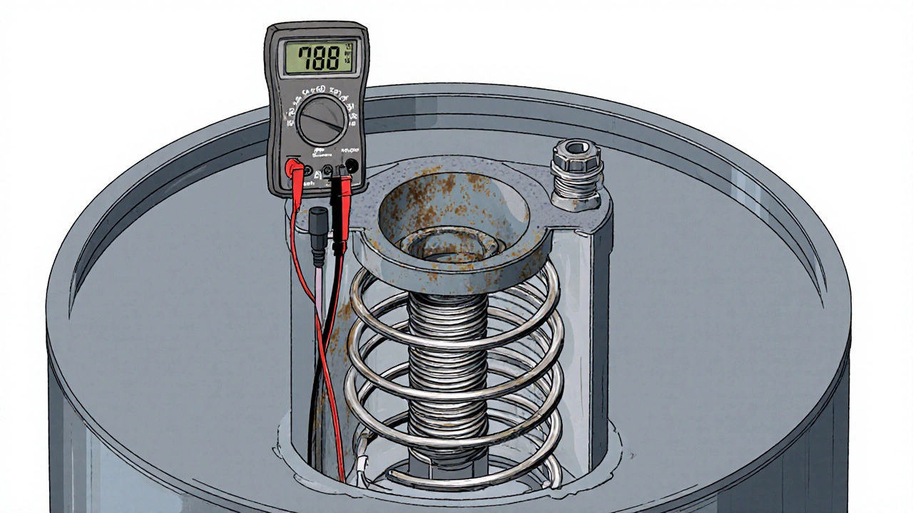 Cutaway view of a water heater tank showing dip tube, heating elements and a multimeter.