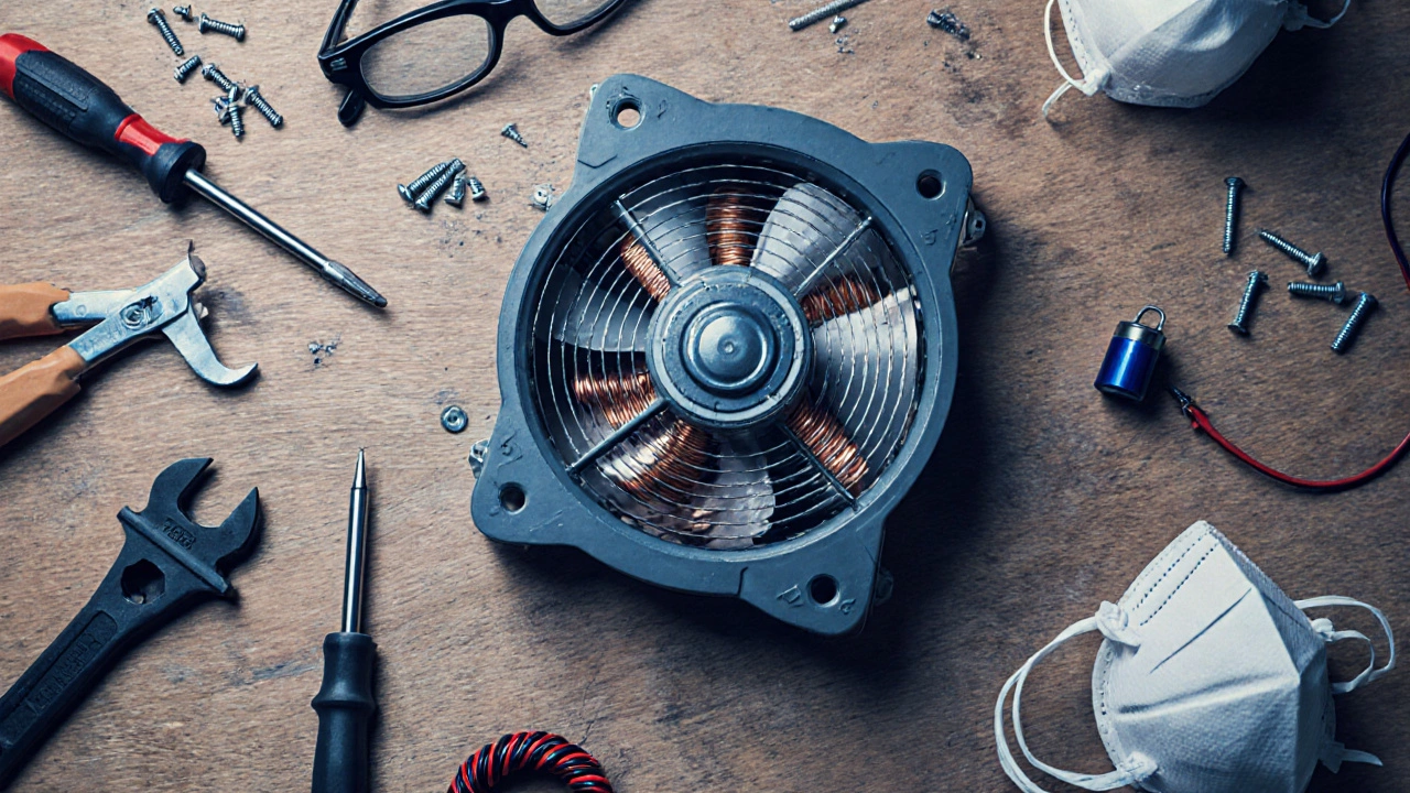 Disassembled fan parts and tools laid out on a workbench for replacement.