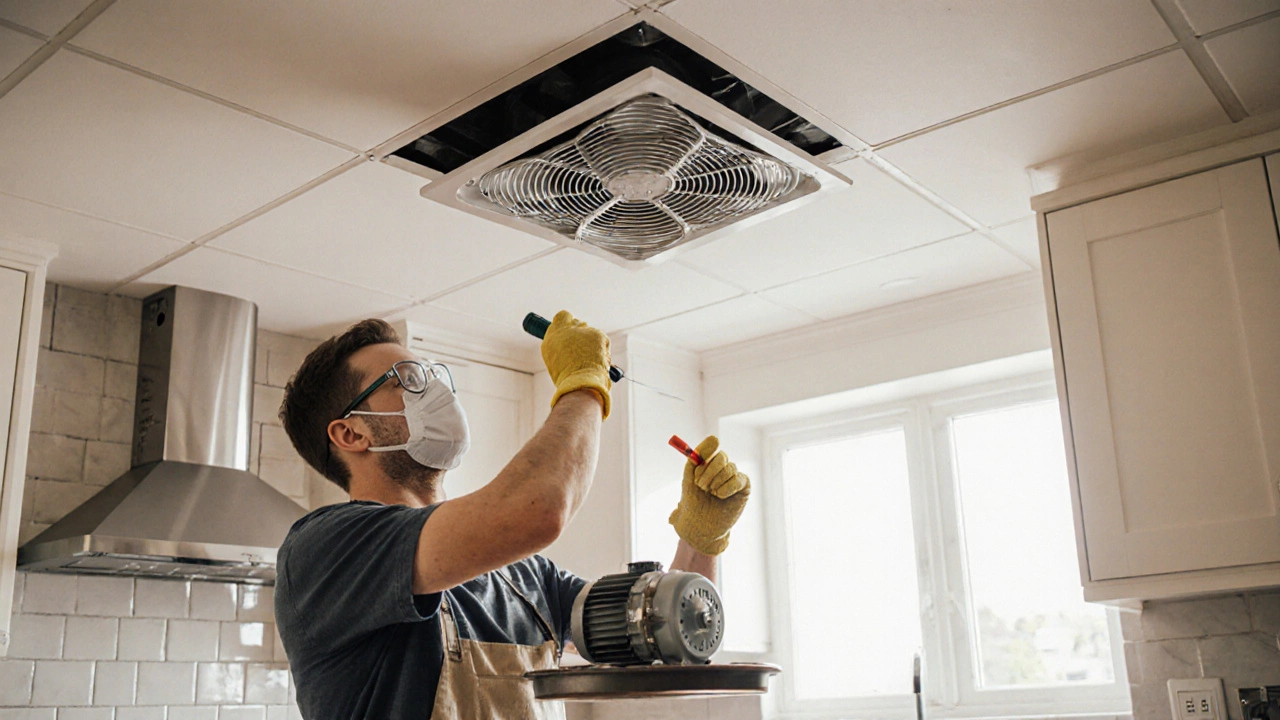 DIYer in safety gear removing fan housing and swapping the motor in a kitchen.