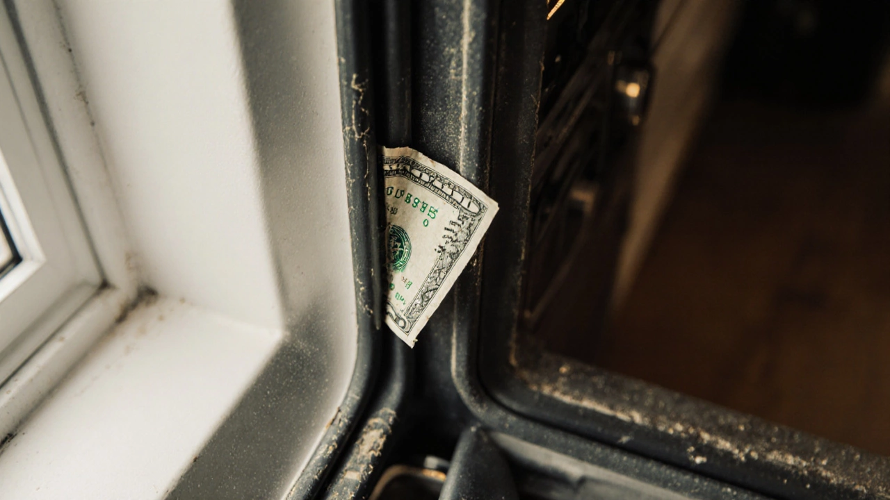 Dollar bill slipping out of a cracked oven door seal
