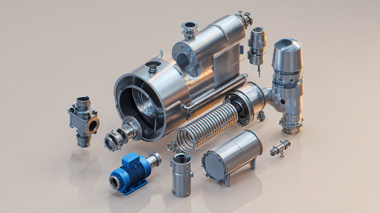 Exploded view illustration of boiler components floating apart.