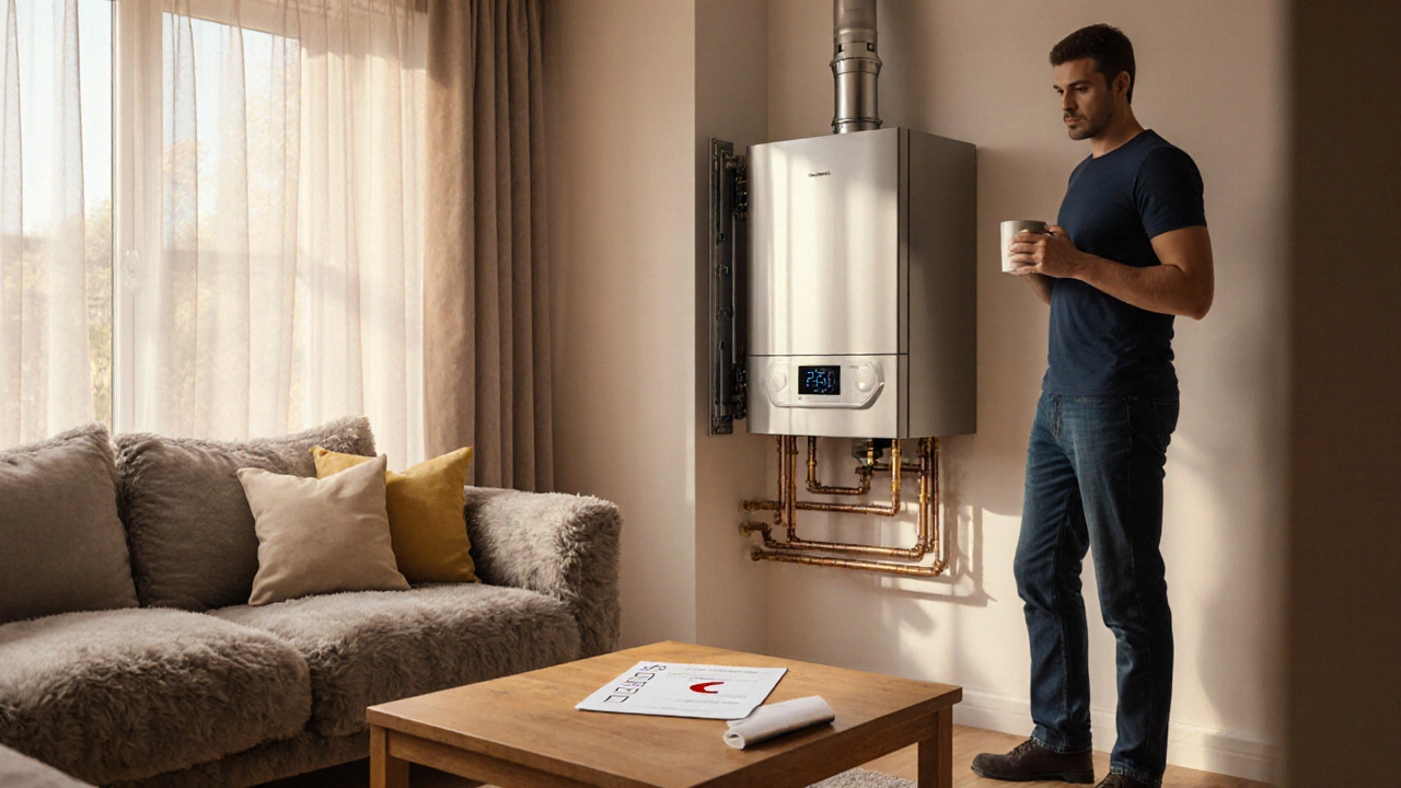 Finished boiler visible in a clean service door, thermostat on wall, homeowner relaxed.