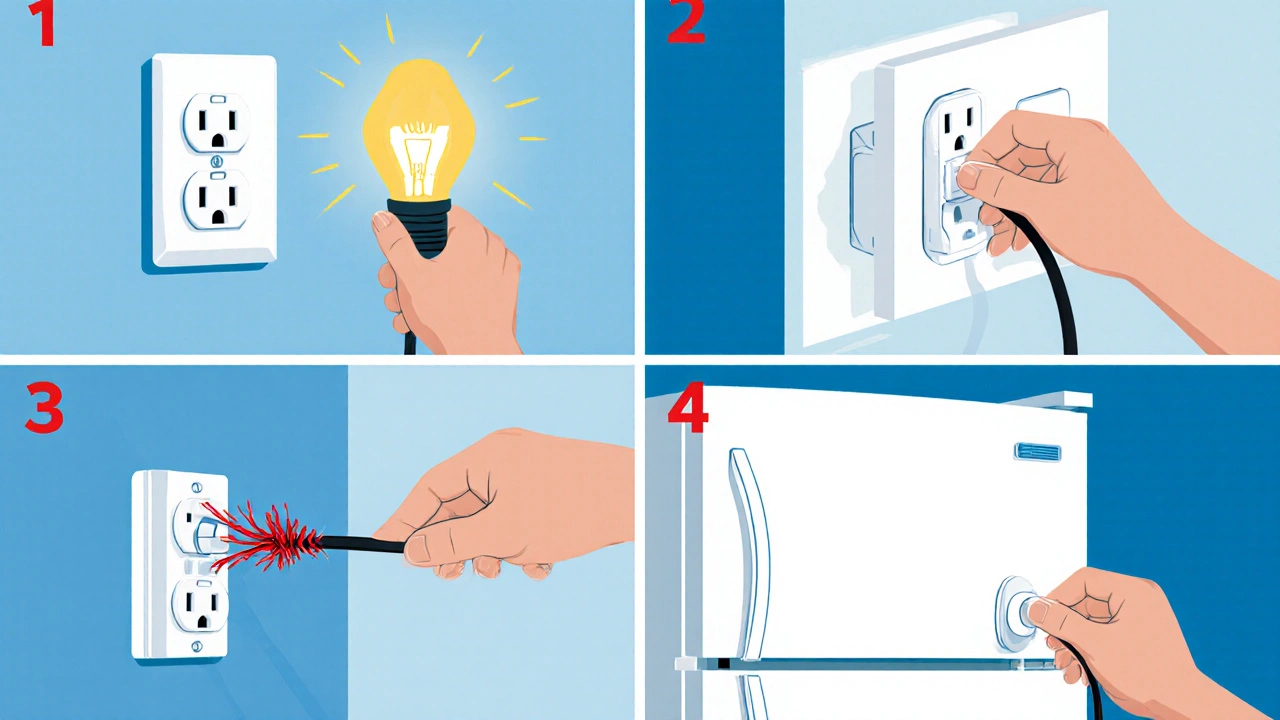 Four‑panel illustration: lamp in outlet, breaker reset, cord inspected, plug secured.