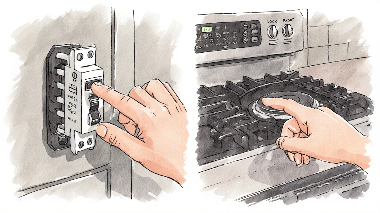 Hand flipping a circuit breaker and pressing the hob lock button.