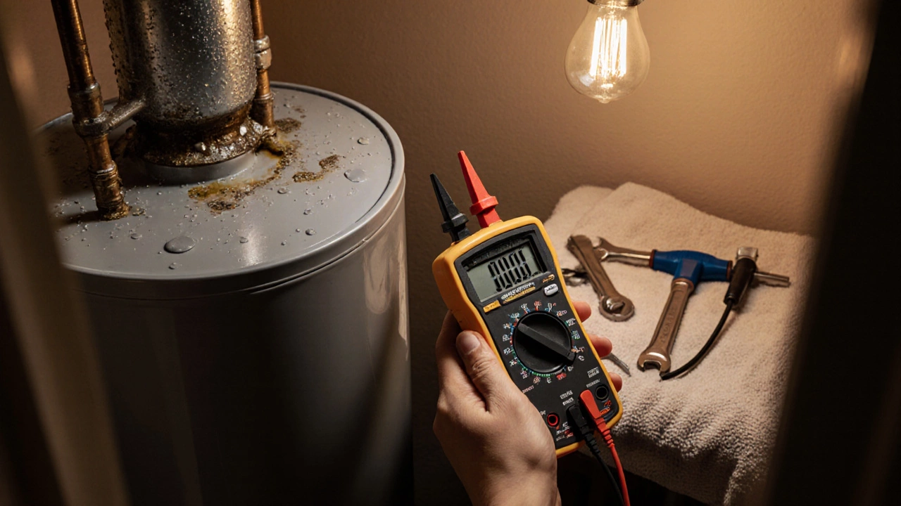 Hand testing water heater element with multimeter in utility closet.