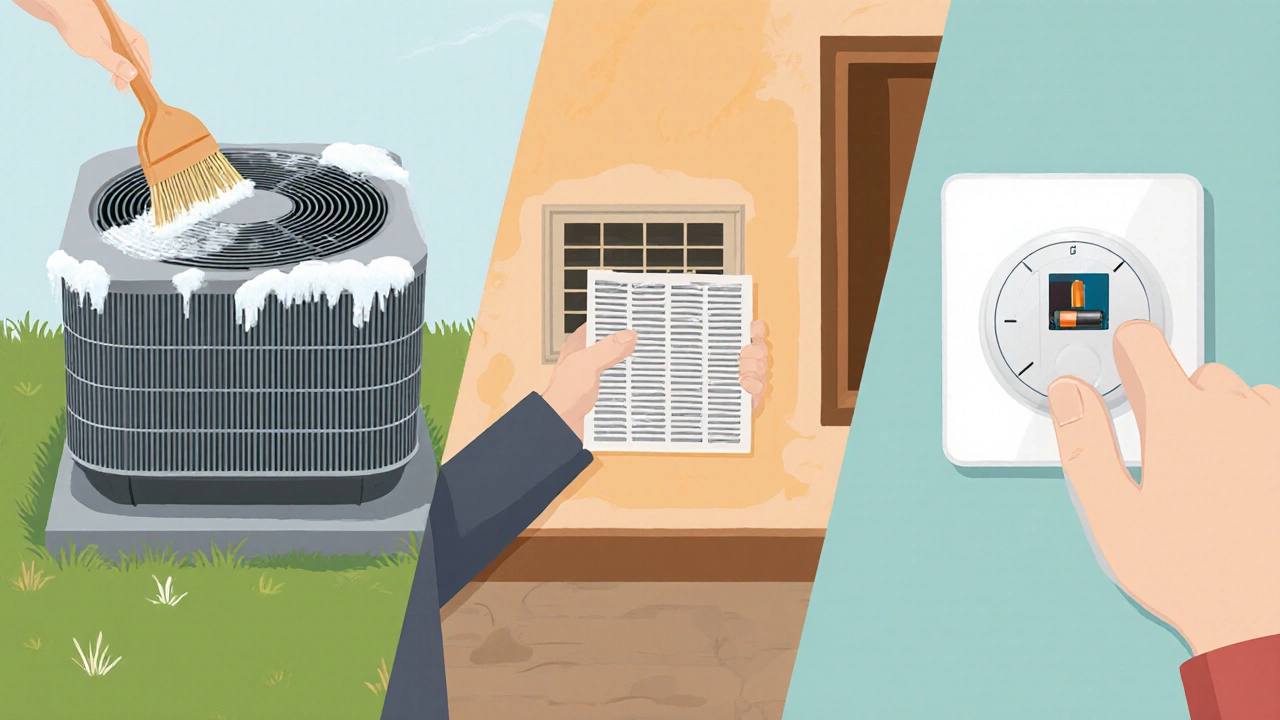 Homeowner brushing frost, checking air filter, and replacing thermostat battery.