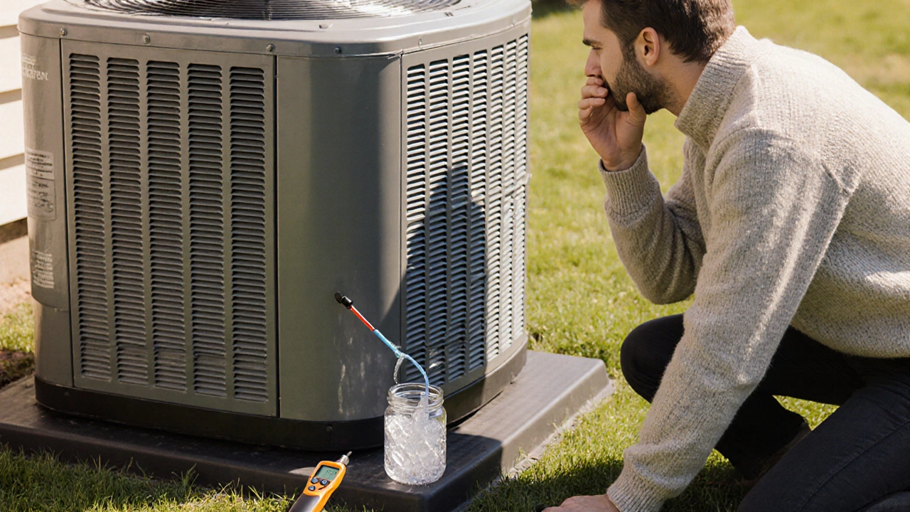 Homeowner kneels by the outdoor heat‑pump unit, listening for noises and inspecting for ice.
