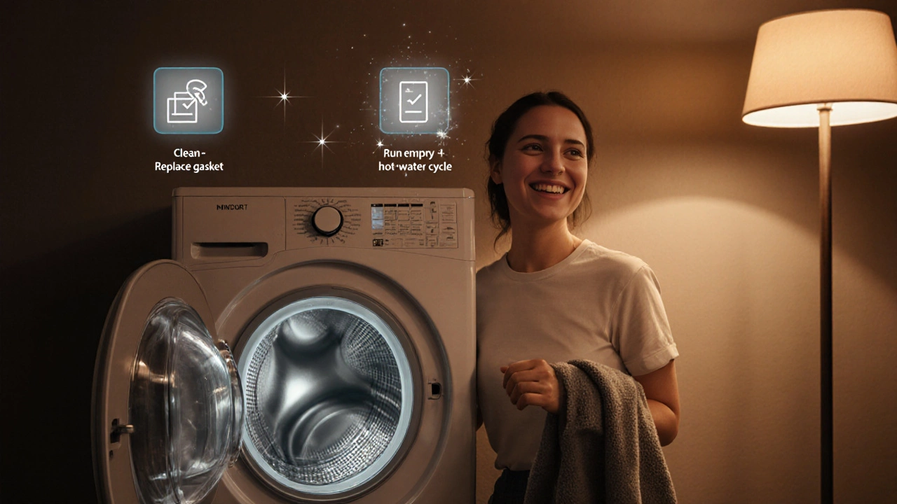 Homeowner standing beside a repaired washing machine with door open and floating maintenance checklist icons.