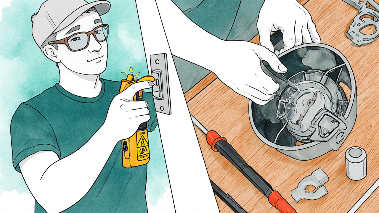 Homeowner using tools to diagnose and fix a kitchen extractor fan.