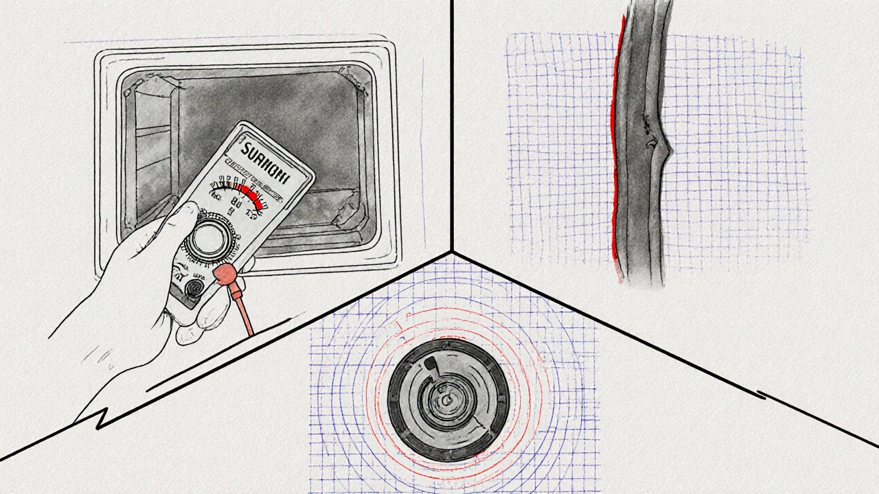 Illustration of multimeter testing, cracked gasket, and noisy fan motor in oven.