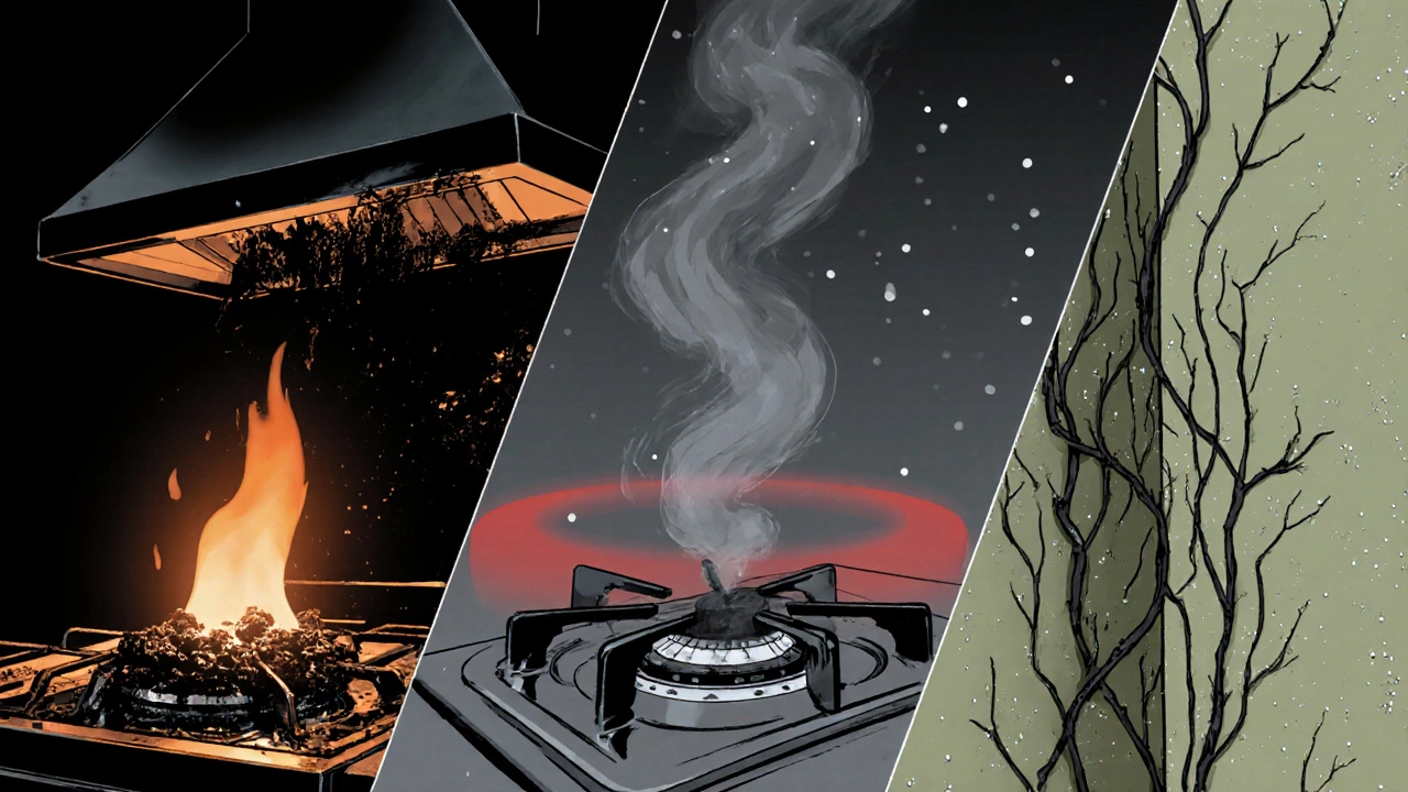 Illustration shows grease fire risk, carbon monoxide swirl, and mold growth.