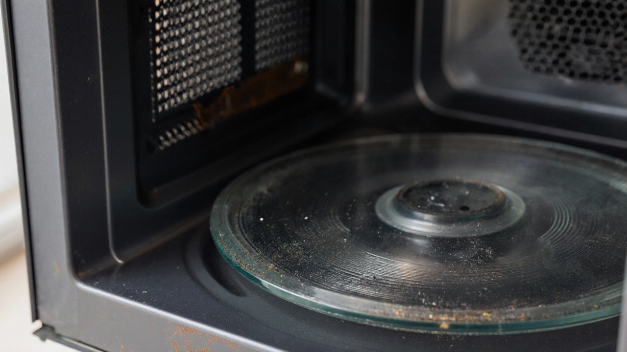 Macro view of microwave door seal, cracked turntable glass, and dusty fan blades.