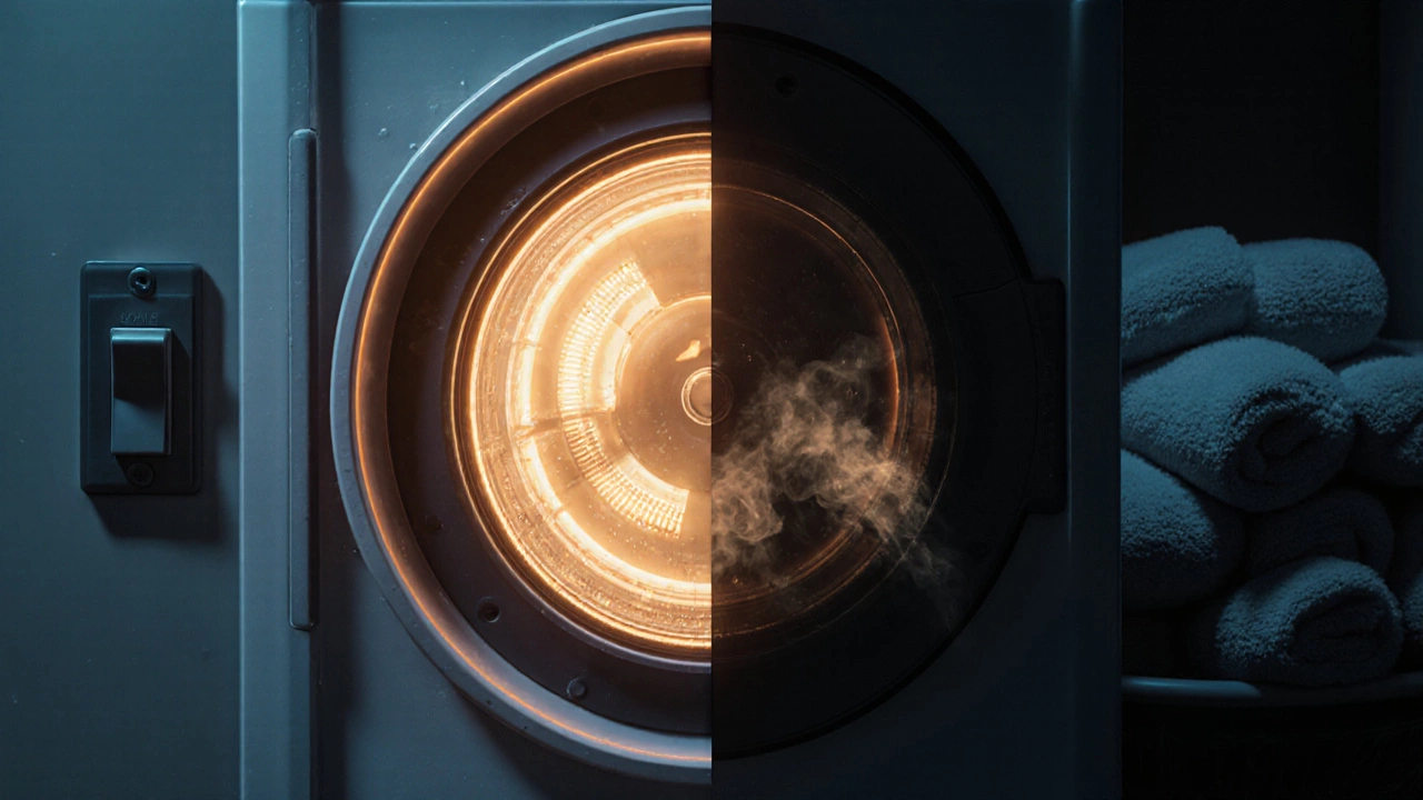 Motor with a failing capacitor and overloaded drum in a conceptual repair scene.