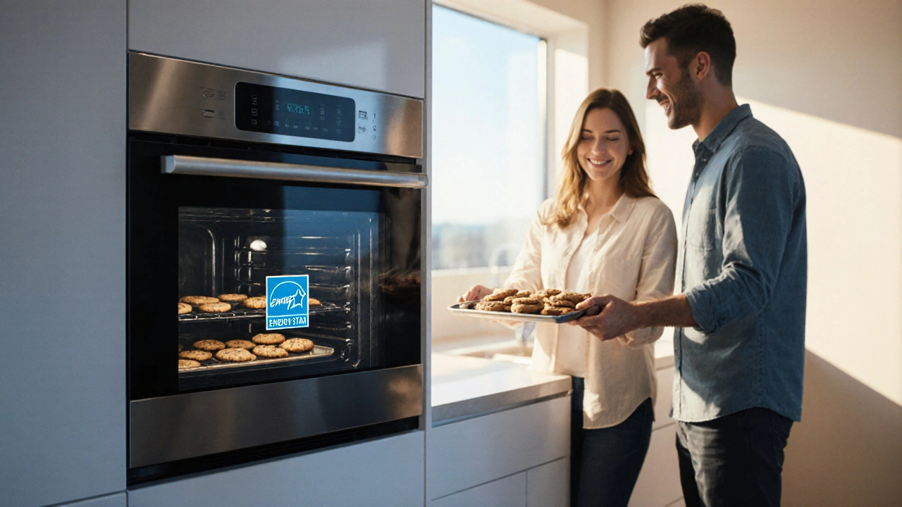 New sleek oven with smart display being used by a happy couple in a bright kitchen.