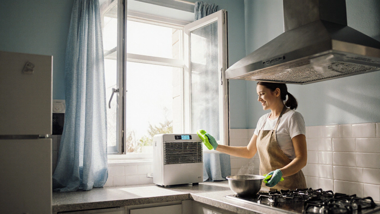 Open window kitchen with portable blower, dehumidifier, and cleaning in progress.