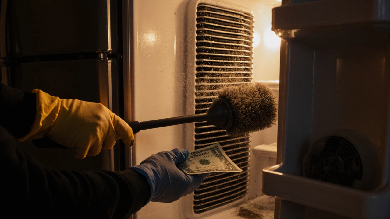 Person pulls fridge, brushes dust from condenser coils, checks door seal with bill.