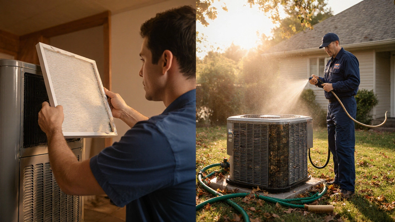 Person replaces an indoor air filter while a technician cleans the outdoor coil and checks refrigerant lines.