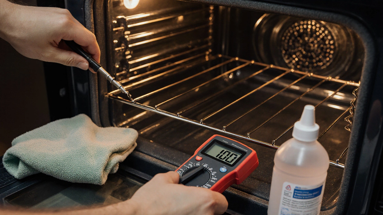 Person testing oven temperature sensor with a multimeter