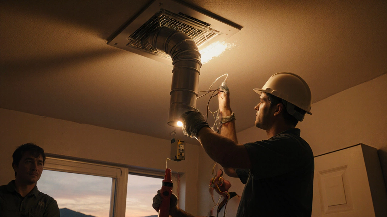 Plumber and electrician collaborating to install and test an extractor fan with ductwork and wiring in a kitchen.