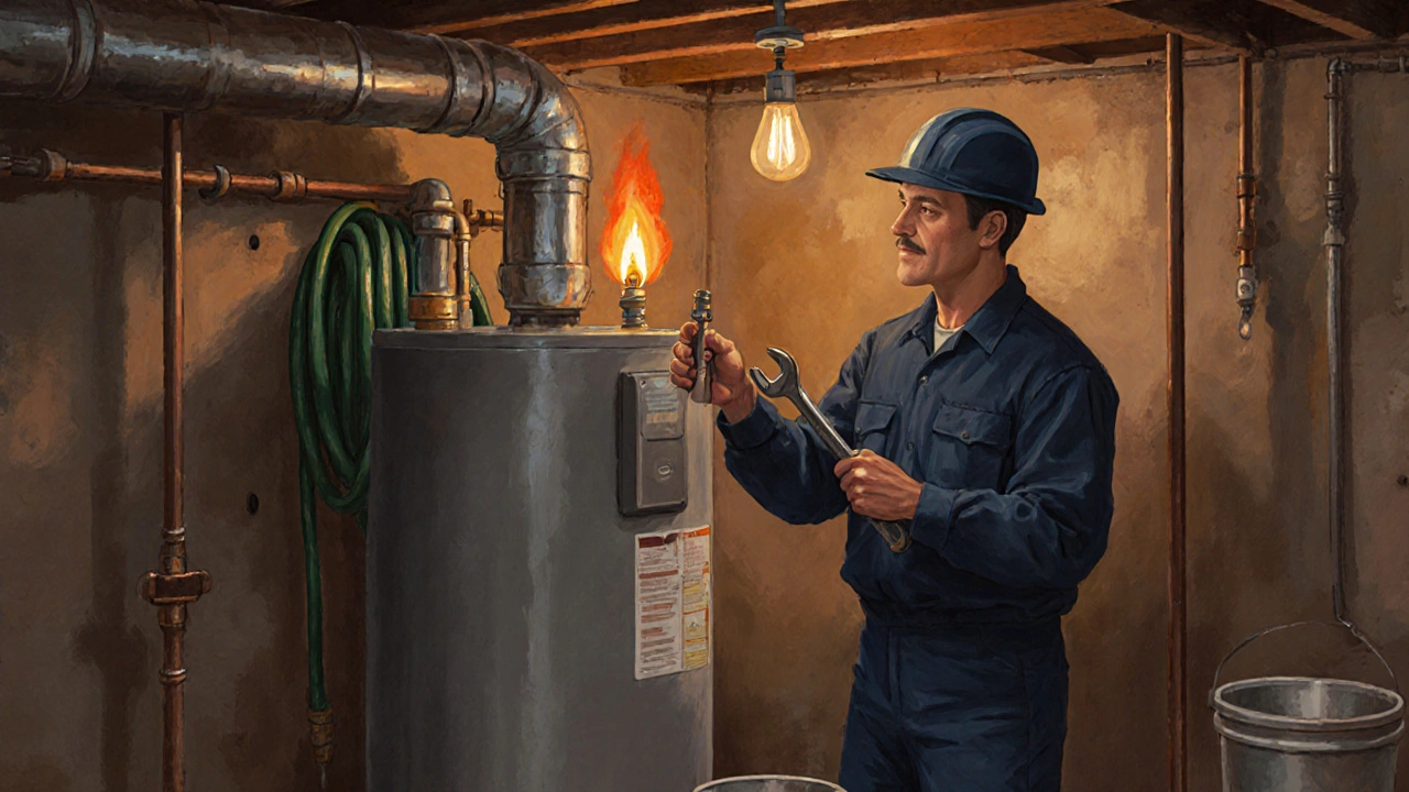 Plumber in uniform checks the gas valve and pilot light of a water heater.
