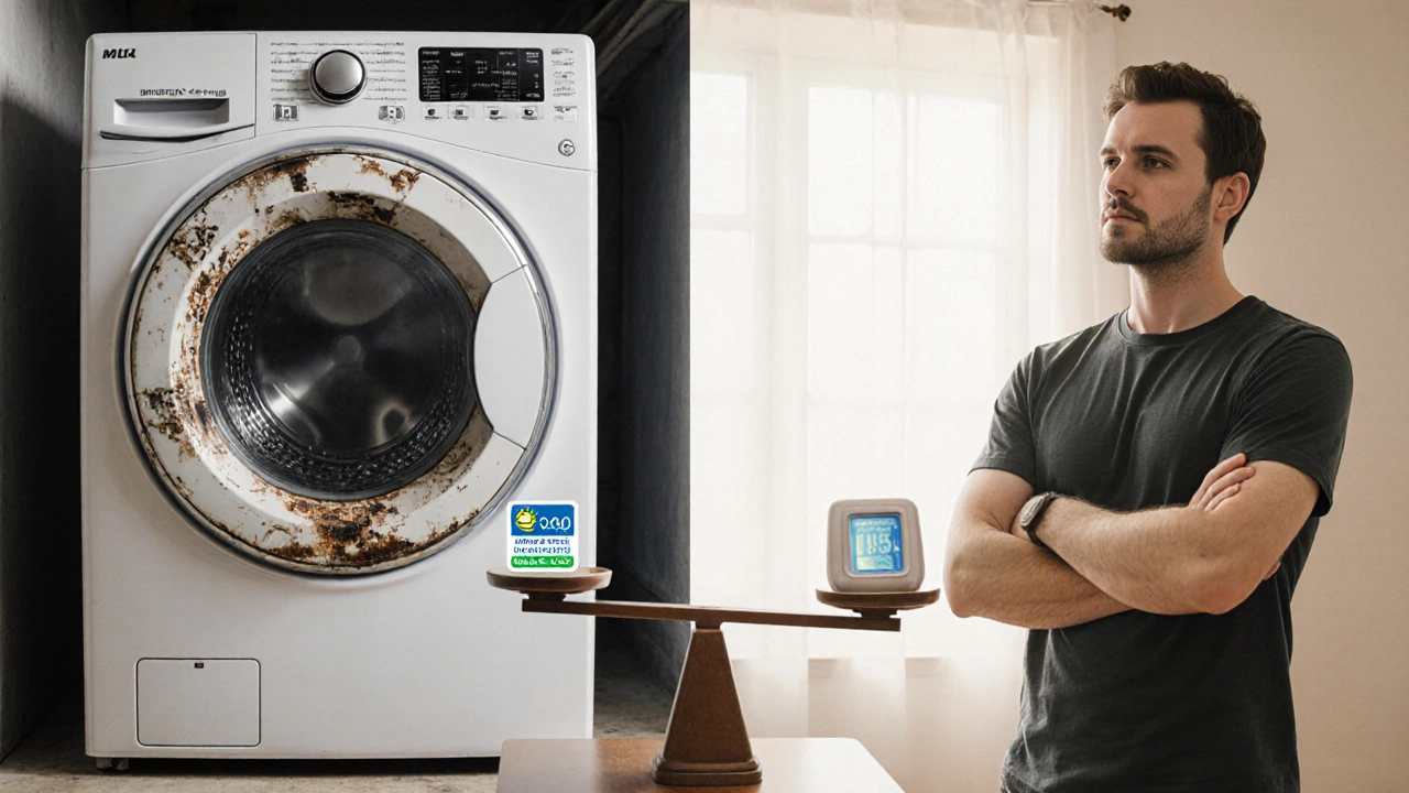 Split scene of an old washer versus a new energy‑efficient model with a scale.