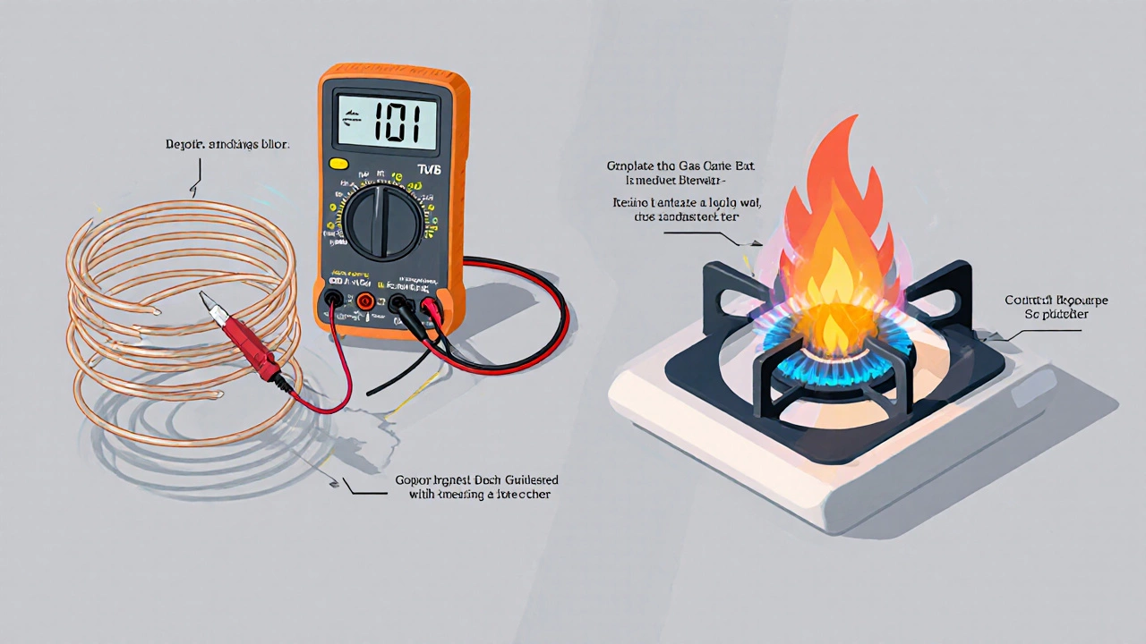 Technical split view of electric heating element and gas igniter with tools.