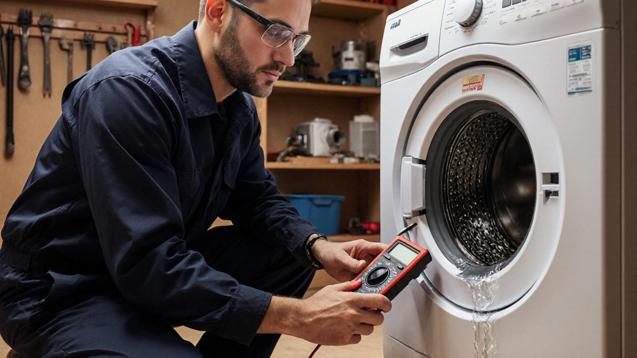 Technician diagnosing a washing machine with tools near the motor and pump.