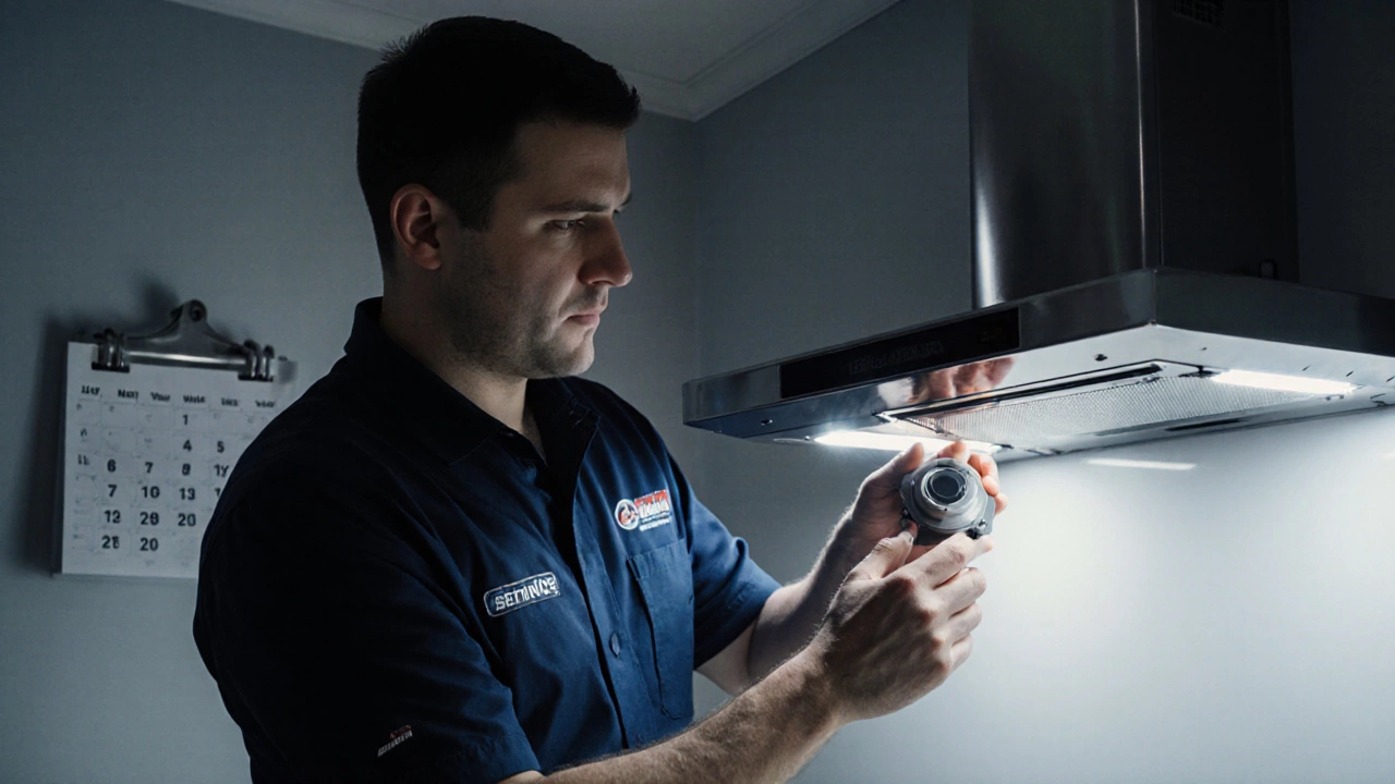 Technician in uniform replacing a fan motor with a calendar indicating days.