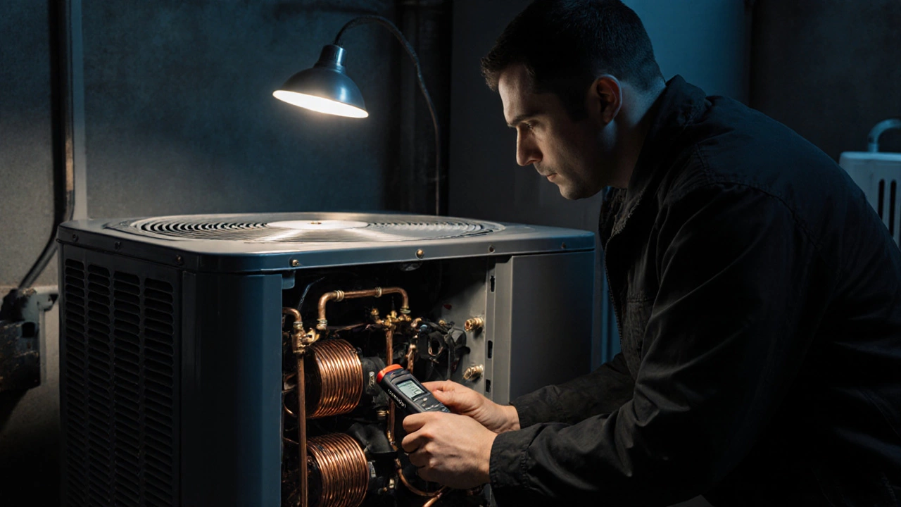 Technician inspecting a refrigerator compressor in a dimly lit utility room.