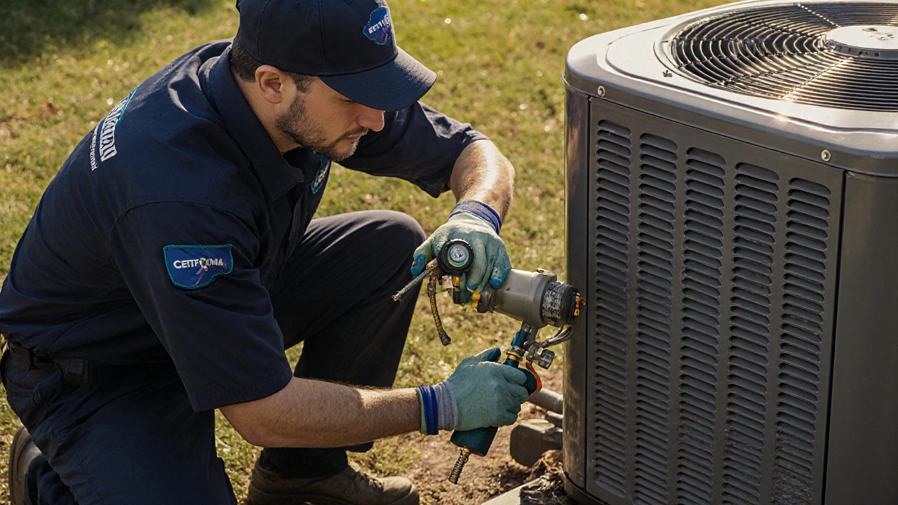 Technician inspecting heat pump coil with gauges and tools on a sunny day.