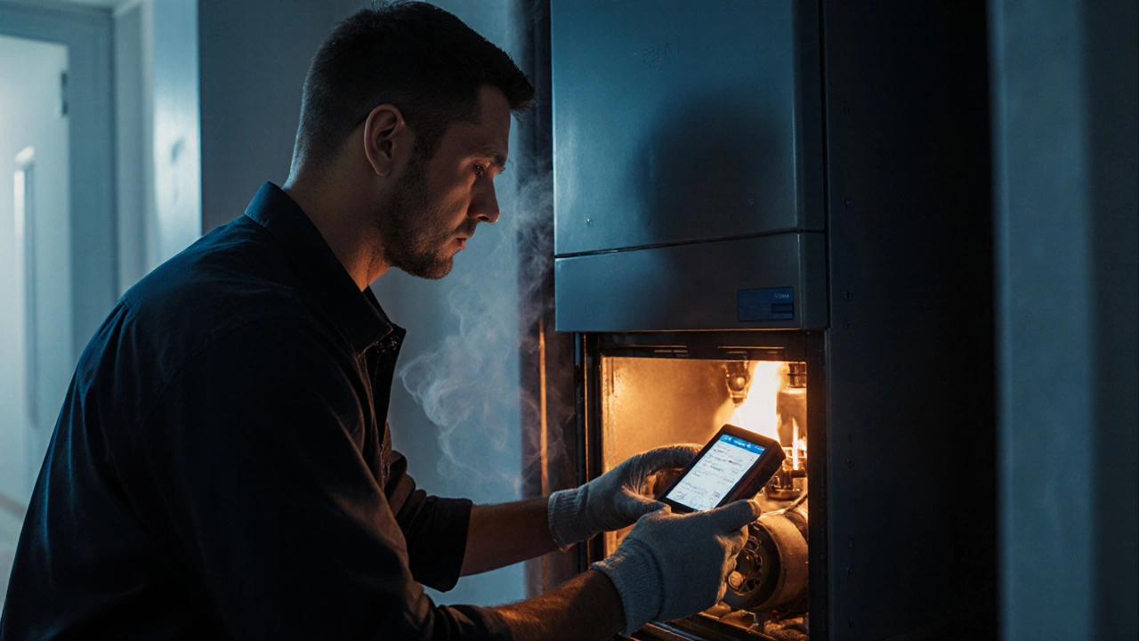 Technician using a combustion analyzer on a boiler with glowing flame.