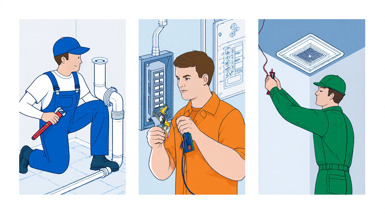 Three professionals – plumber, electrician, HVAC tech – each working on their part of a house’s ventilation system.