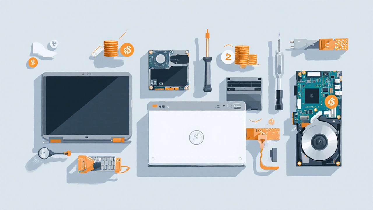 Top‑down view of laptop parts and tools with subtle price icons on a workstation.