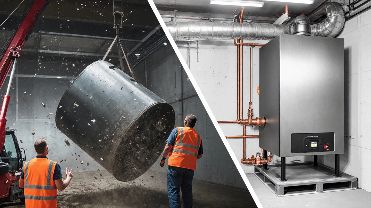 Workers removing an old boiler with a crane while installing a new condensing boiler.