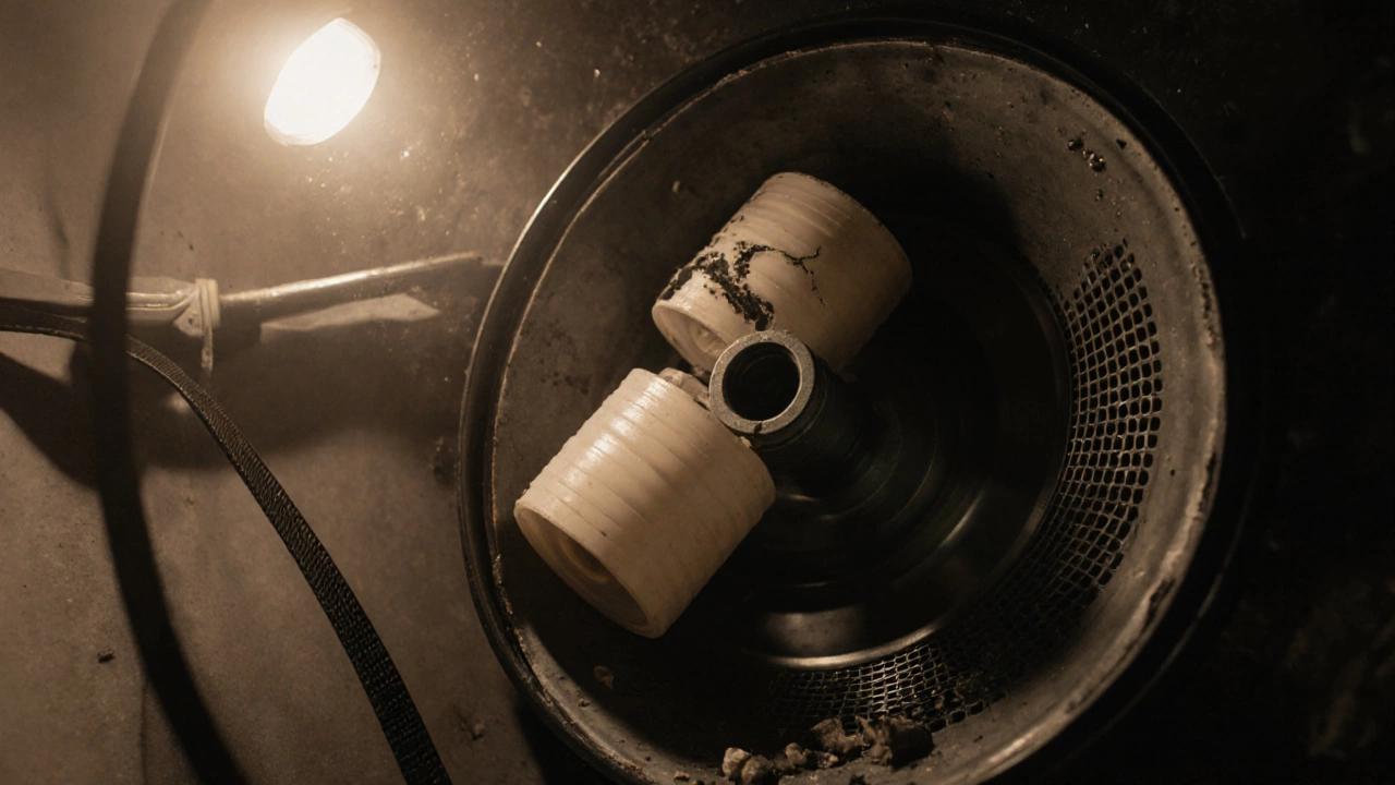 Worn-out plastic rollers and a loose drive belt inside a dryer drum assembly.