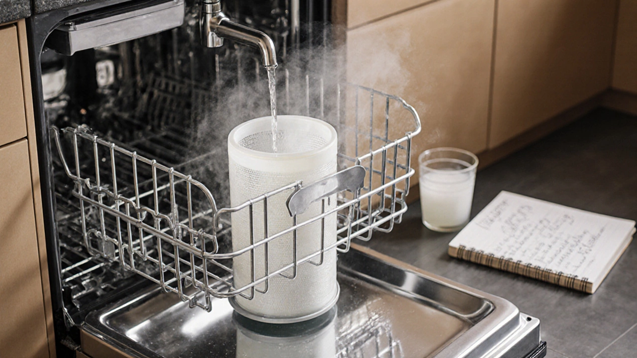 A person rinsing a dishwasher filter under running water in a clean kitchen.