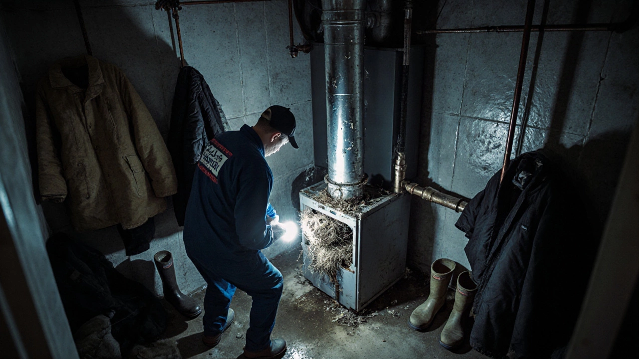A technician removes bird nests and debris from a corroded boiler flue in a damp basement.