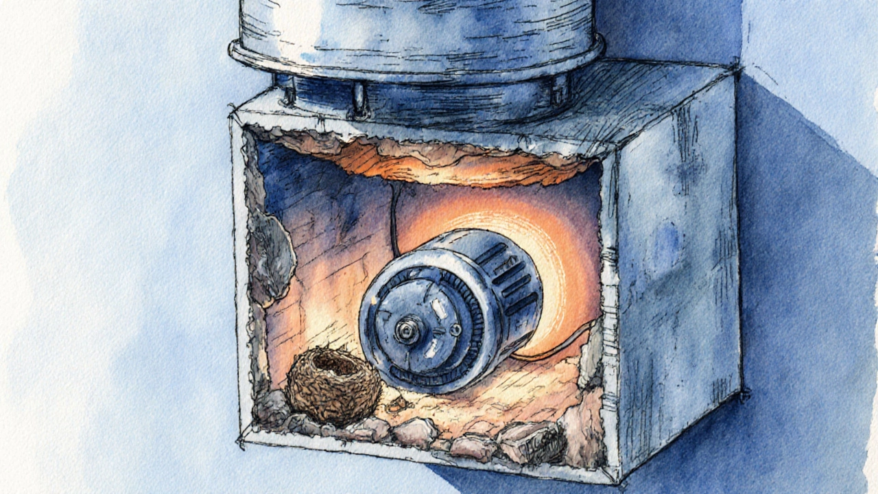 Cross-section of a blocked duct with grease and debris inside a wall.