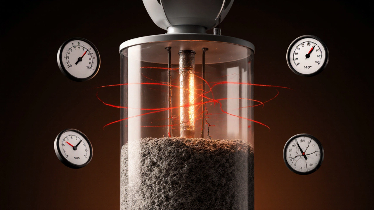 Cross-section of a water heater showing sediment buildup and corroding anode rod with warning indicators.