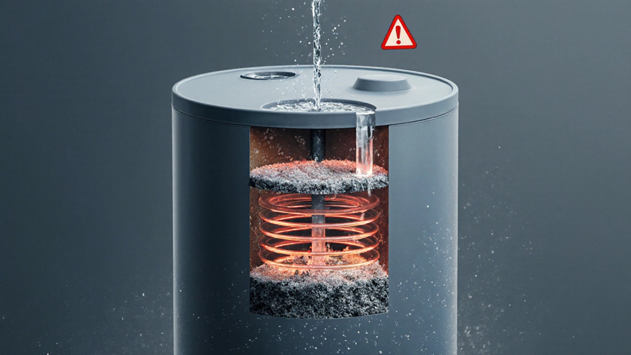 Cross-section of water heater showing sediment buildup and broken dip tube causing cold water mix.