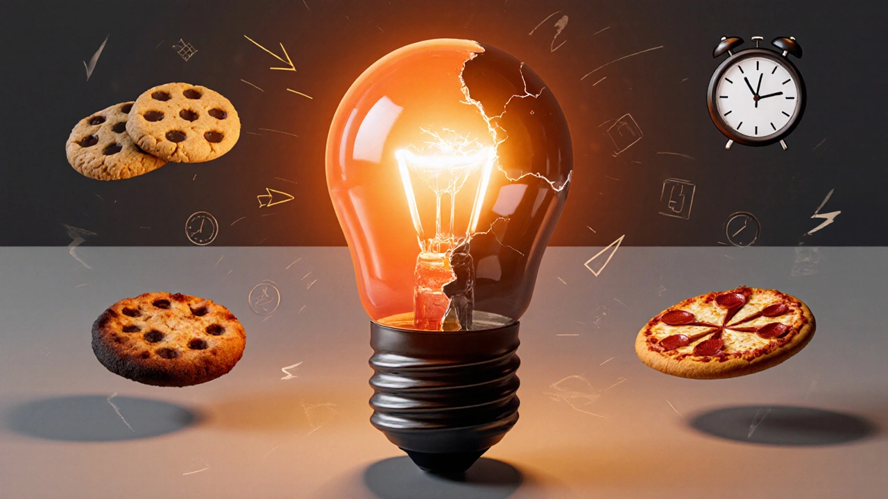 Failing oven element compared to a fading lightbulb, with icons of unevenly baked food.