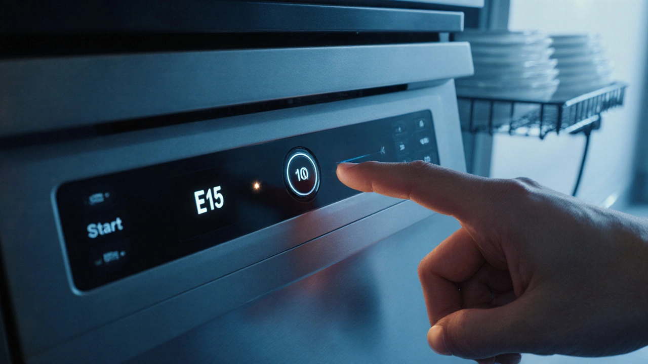 Fingers pressing the Start button on a dishwasher control panel showing an error code.