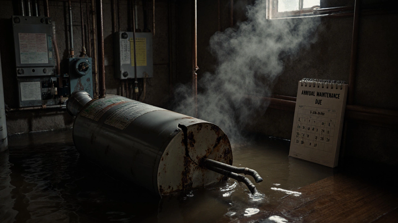 Flooded basement after a water heater burst, steam rising, broken tank lying in murky water.