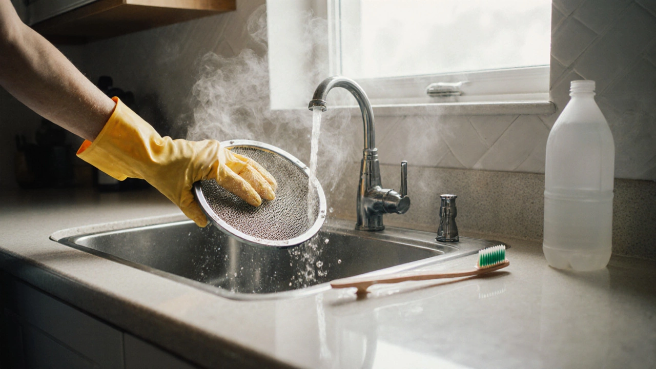 Hand cleaning a metal grease filter with hot soapy water and a toothbrush.